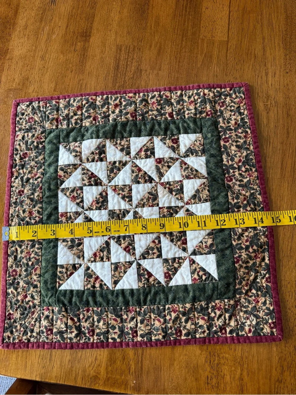 Handmade Vintage square Quilted Table Topper Runner Mat Floral fall Decor 15”